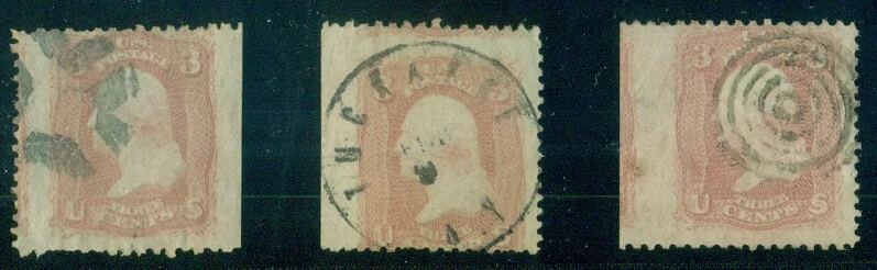 US #65, 3¢ rose, Three HUGE STRADDLE MARGIN SINGLES, used, quite unique - Image 1 of 1