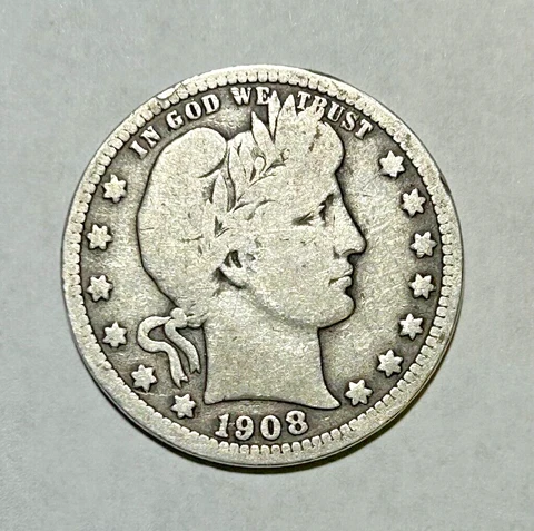 1908-S U.S. Barber Silver Quarter - VG - All Original Cover