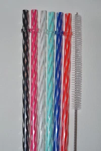 11" - 6 Reusable Straws Swirl Color Plastic Acrylic BPA Free Cleaning Brush #5B - Picture 1 of 2