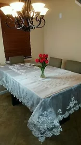 72x126'' Beaded Pearl Embroidered Sheer Lace Polyester Tablecloth Napkin Wedding - Picture 1 of 9