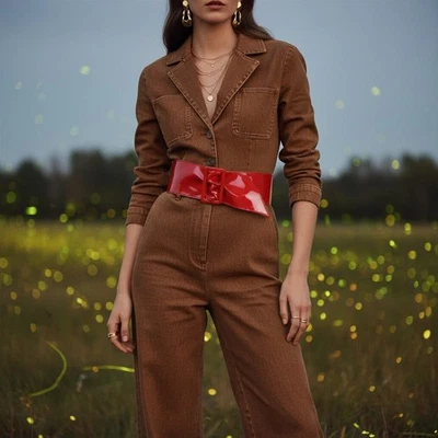 Donna Rosso Finta Vernice Pelle Largo Hip Vita Alta Moda Cintura Big Fibbie S M - Immagine 1 di 4