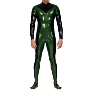 Men Latex Bodysuit Black & Green Rubber Catsuit Crotch Zip Fetish Jumpsuit 0.4mm - Foto 1 di 6