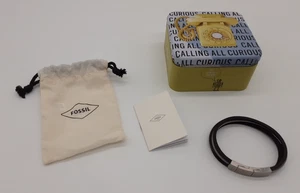 FOSSIL Herren schwarz & braun Leder Magnetverschluss Armband-neu in Metallbox - Bild 1 von 7