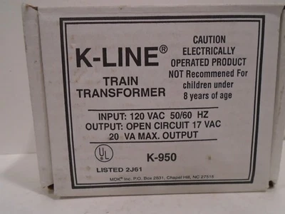 K-LINE #950 AC TRAIN TRANSFORMER FOR BASIC 0/027 TRAIN SET NEW IN BOX W/INSTRUCT - Image 1 of 4