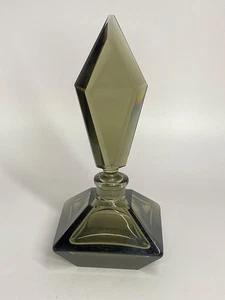 Vintage Smoke Grey Cut Glass Perfume Bottle w/ Assymetric Stopper, 7" Tall - Picture 1 of 5