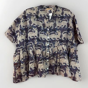 Caravanserai Cotton Voile Blue Tiger Block Print Babydoll Crop Peasant Top New - Picture 1 of 4