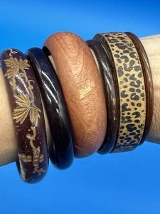 Lot Of 6 Vintage Wood Thin & Chunky Bangles Bracelets - Picture 1 of 7