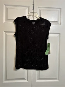 T-shirt femme Calvin Klein en jersey liquide noir perles taille PL petit haut neuf avec étiquette - Photo 1/11