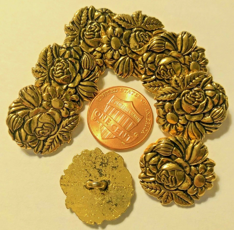 8 Shiny Gold Tone Metal Floral Flower Rose Shank Buttons Almost 13/16" 20mm 9599 - Image 1 of 1