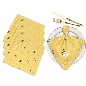 Cute Bees Cloth Table Napkins Set of 4 On The Honey Honeycombs Yellow Backgro... - Picture 1 of 8