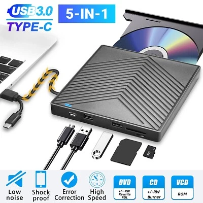 External CD DVD Drive, USB 3.0 Player Burner Writer, for PC Laptop Windows 11 10 - Image 1 of 4