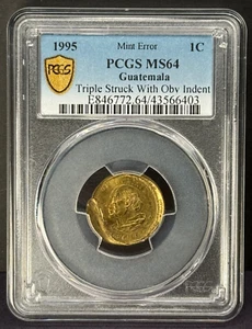 Guatemala - 1 Centavo - 1995 Mint Error Triple Struck With Obv Indent PCGS MS 64 - Picture 1 of 4