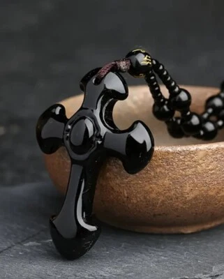 Collar De Obsidiana Con Cruz Crusifijo Amuleto De La Suerte Protección Moderno - Image 1 of 4