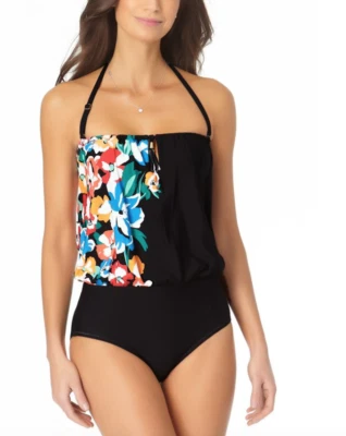 Anne Cole 印花布劳森连体泳衣 21MO6136 黑色花卉全新带标签 98 美元 — 第 1/2 张图片
