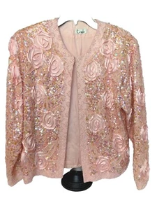 Vtg. CESO  Iridescent Salmon Pink Sequin Jacket /womens Small ? Heavily Beaded - Picture 1 of 17