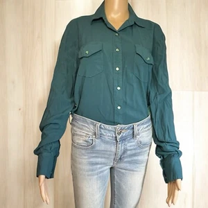 Western Women's Large Cruel Girl Denim Green Aztec Snap Blouse Sheer Back - Picture 1 of 11