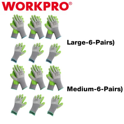 WORKPRO 6-Pairs M/L Garden Gloves Eco Latex Palm Coated Green-Grey Polyester NEW - Image 1 of 4