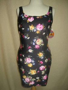 TANGO ROSE SCHWARZ ROSE BLUMENDRUCK MINI LYCRA KLEID U-AUSSCHNITT GRÖSSE LARGE NEU MIT ETIKETT - Bild 1 von 7