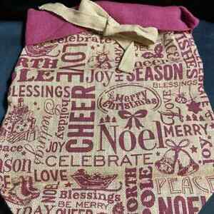 Large Burlap Santa Bag or Gift Bag with Burgundy Print & Christmas Writing.