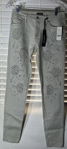 Super Cute, Bebe Heartbreaker Skinny Jeans Beaded Floral Womens Size 27 - Picture 1 of 12