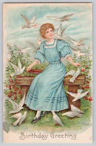 Postcard Woman Blue Dress, Doves, Birthday Greeting, Embossed - Picture 1 of 3
