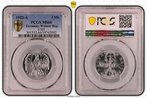 Weimar 3 Mark Aluminium 1922 A Brilliant Uncirculated PCGS MS66 51652 - Picture 1 of 1