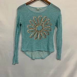 Mudd Girls Sky Blue Long Sleeve Round Neck Sequin Flower Casual Blouse Top Sz 12 - Picture 1 of 9