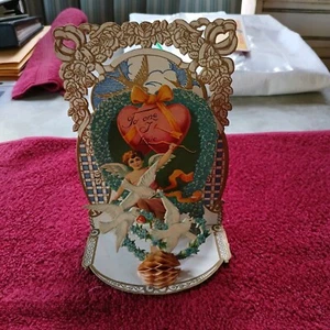 Vintage Victorian Angel & Doves Die Cut Pop Up Valentine Card 3-D With Honeycomb - Bild 1 von 7