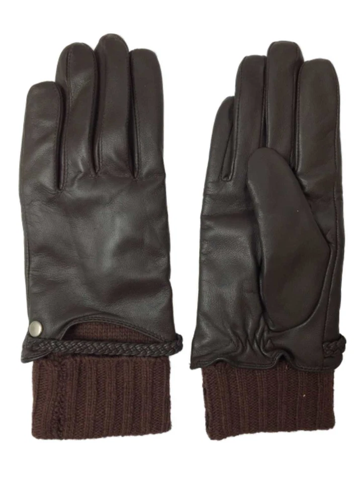 Womens Chocolate Brown Cuffed Leather & Acrylic Knit Gloves Medium - Image 1 of 1