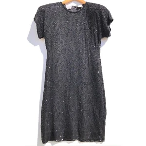 Stenay silk beaded dress size 6 black swirl beading cocktail party vintage 80s - Picture 1 of 17