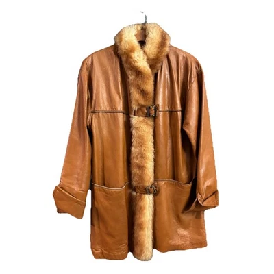 VNTG 70-х кожаная куртка пальто Sz M оранжевый пенни переулок искусственного меха хиппи Mob жена - Изображение 1 из 4