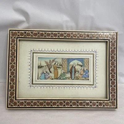 Marco de madera mosaico de marquetería Khatam con incrustaciones de pintura en miniatura antigua Foto 1 de 4
