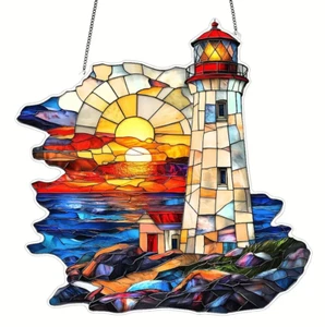 Sunset Lighthouse Stained Glass Suncatcher - Holographic Window Ornament Gift - Picture 1 of 3