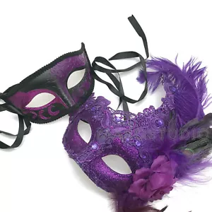 Purple Masquerade Lace Feather Mask Pair 16th Birthday Costume Mardi Gras Party - Picture 1 of 4