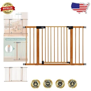 Universal Fit Pressure Mounted Metal Baby Gate with Auto Close & Wood Design - Picture 1 of 10