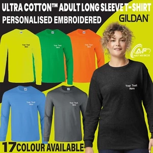 Personalised Custom Embroidered Gildan Ultra Cotton T-Shirt Adult Long Sleeve - Picture 1 of 11