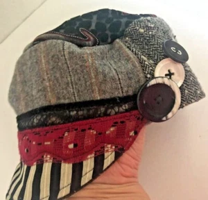 HANDMADE Patchwork FLAT CAP HAT Wool Velvet Tweed Stripe Black Gray Buttons - Picture 1 of 13