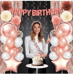 Happy Birthday Decorations Rose , Pom Pom and star balloons NEW - Picture 1 of 4