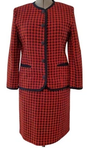Alfred Dunner VTG 2PC Red Navy Wool Blend Houndstooth Skirt Blazer Suit Size 16 - Picture 1 of 9