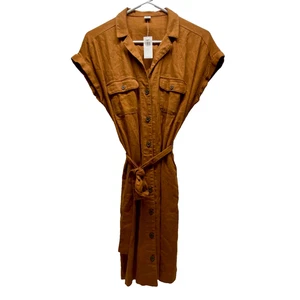 Old Navy Collard Shirt Dress Women's Small Brown Spice Button Up Linen Blend NWT - Picture 1 of 11