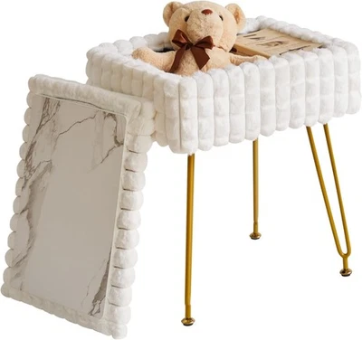 Creamy-White Velvet Round Vanity Stool with Golden Steel Legs - Image 1 of 4