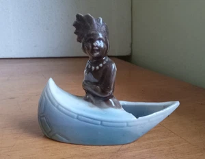 C.D.KENNY CO EARLY 1900 CERAMIC ADVERTISING INDIAN IN CANOE TOOTHPICK HOLDER - Picture 1 of 8
