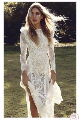 Boho кружева свадебные платья прямой лодка шеи длинным рукавом сексуальный v-образным вырезом свадебное платье - Изображение 1 из 3