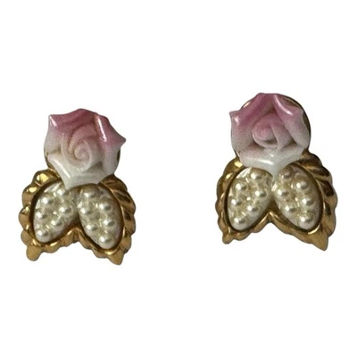 Avon 1991 Pink Porcelain Rose Blossom 1" Goldtone Stud Earrings - Image 1 of 2