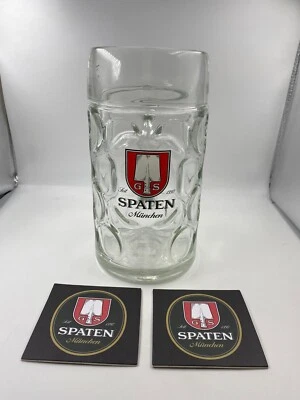 Very Rare Spaten 1 Litre Beer Stein Glas, Perfect Draft New + 2 Beer Mats