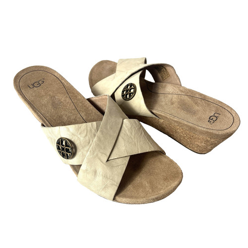 Sandali UGG donna 9 beige pelle incrociata sughero zeppa estivi casual slip on