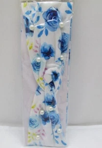 Blue Floral Turban Headband Hairband With PearlsTwist Cotton Cross Headwrap - Picture 1 of 2