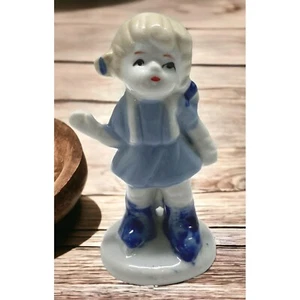 Little Porcelain Dutch Girl Figurine Vintage Child Blue White Waving Hello - Picture 1 of 8