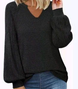 MESSIC Women’s Size XXL V-Neck Raglan Shoulder Loose Knit Sweater Top in Black - Picture 1 of 7