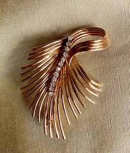 Diamant Feder-Brosche 18 Kt Gelbgold -  12 Brillanten - 50ger Jahre - Bild 1 von 2